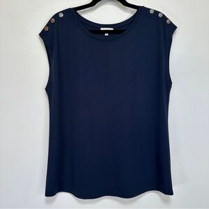 Laura Navy Boat Neck Top Nautical Button Shoulder Blouse M Coastal Grandma